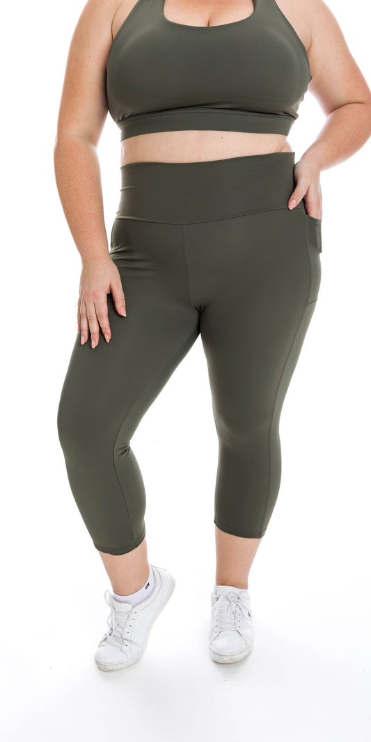 Khaki Body Luxe Capri Leggings with Pockets