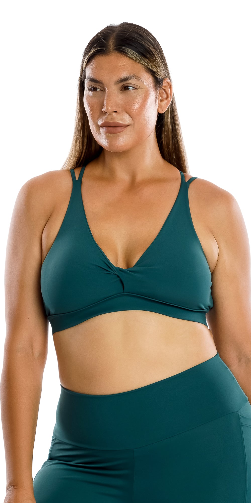 Front view top part of lady in coloured Teal Body Luxe Diamond Back Bra and matching bottoms