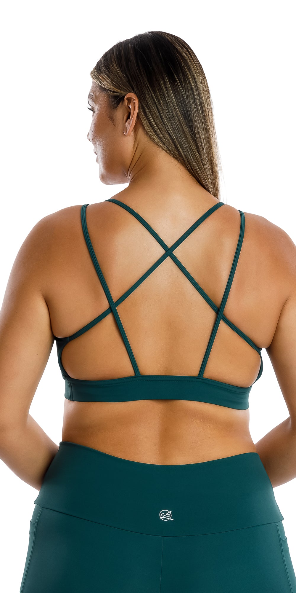 Back view top part of lady in coloured Teal Body Luxe Diamond Back Bra and matching bottoms looking aside
