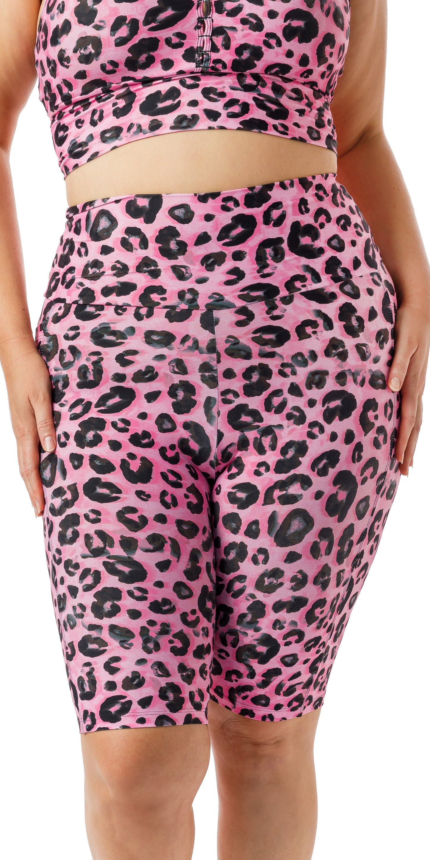 Front view of pink Candy Leopard Eco Biker Shorts with Pockets