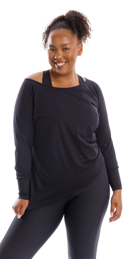 Front view of girl smiling and wearing black Midnight Off The Shoulder Long Sleeve Tee