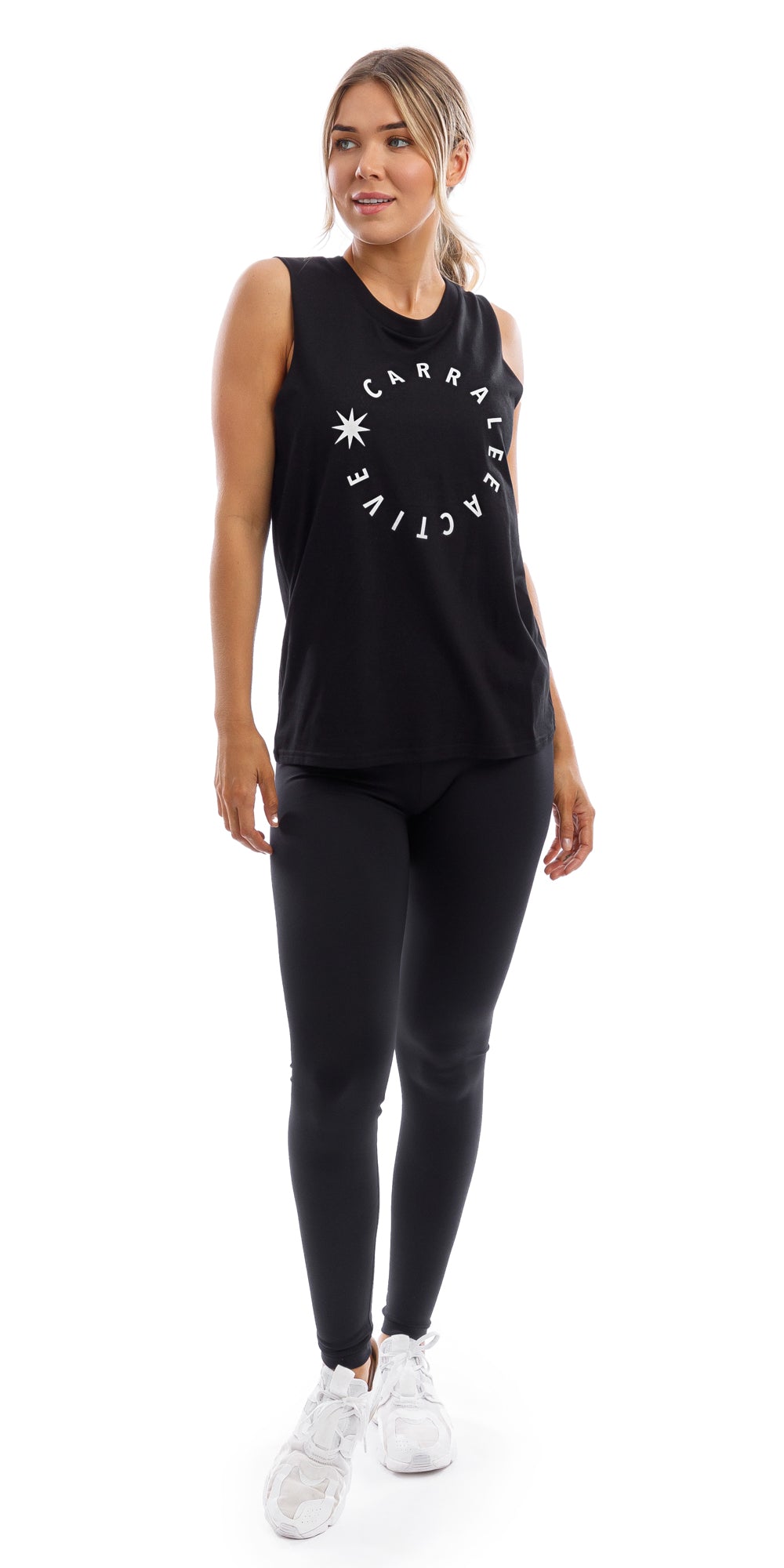 Full body front view of girl in black Midnight CL Active Tank and matching leggings