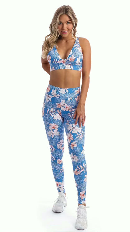 Video of girl wearing blue, white, pink floral Hibiscus Kiss print products