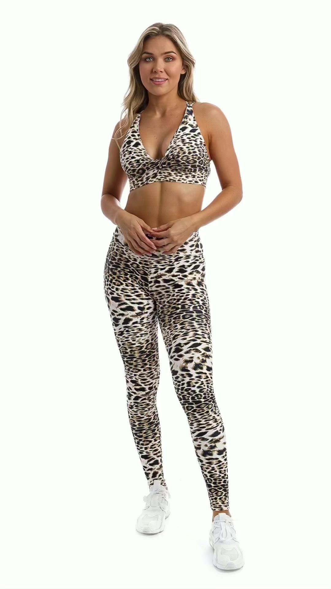 Video of girl wearing brown & white cheetah print products